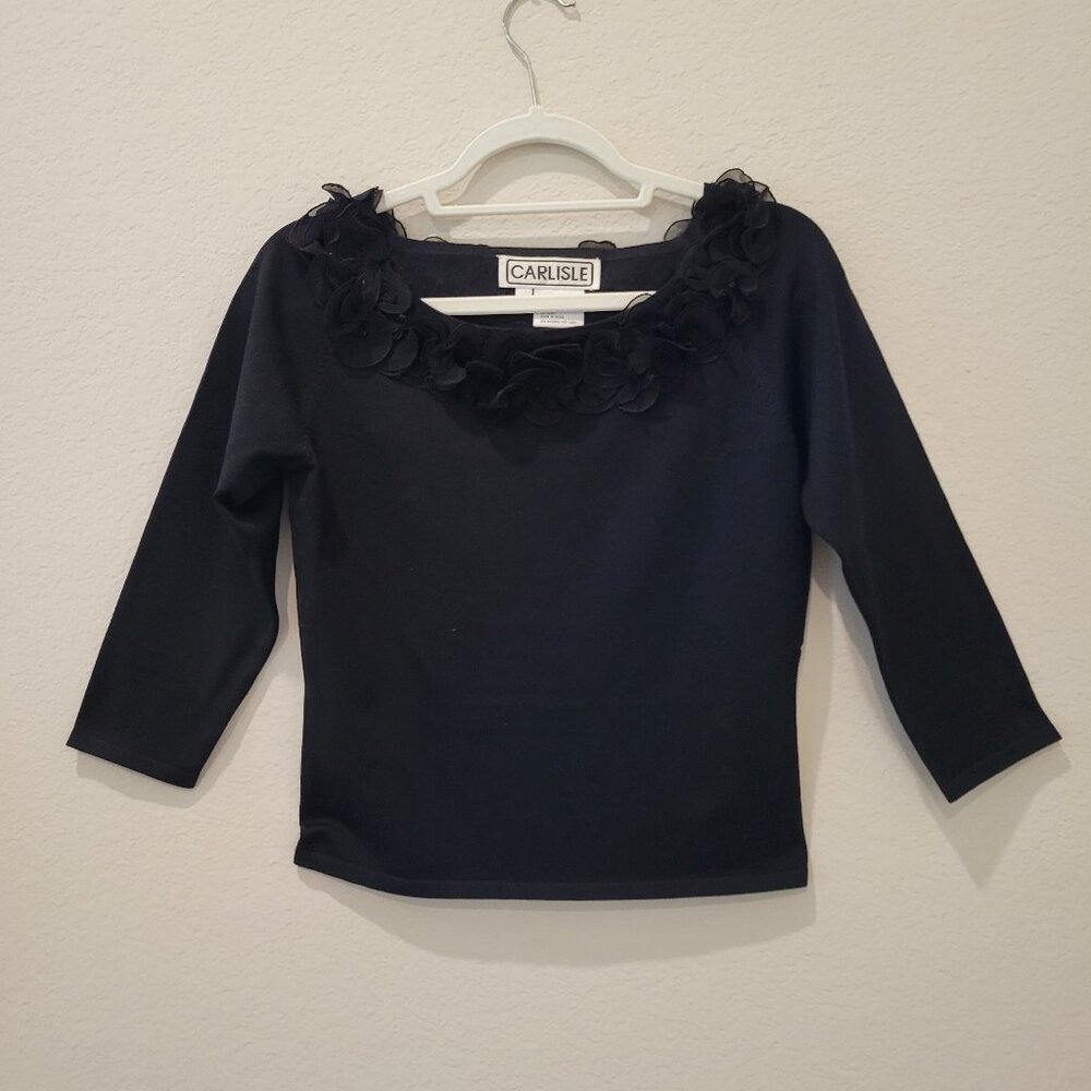 Carlisle Black Silk Knit Top with Silk Rosettes, size M